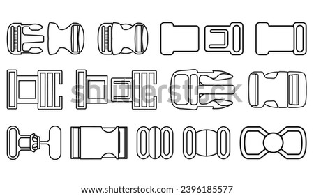Quick Release buckles flat sketch vector illustration, set of bag accessories, lock, Clips, Berg and ladder locks buckles for back packs, climbing equipment, garments dress fasteners and Clothing belt