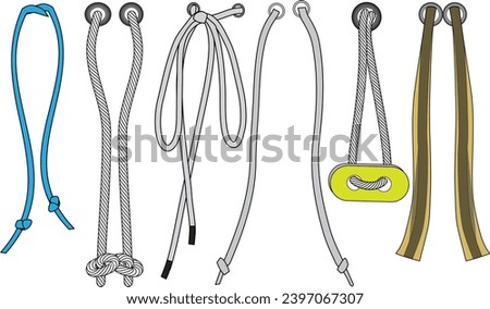 Drawstring cord flat sketch vector illustrator. Set of Draw string with aglets for Waist band, bags, shoes, jackets, Shorts, Pants, dress garments, Drawcord aiglets for Clothing to pulled or tighten