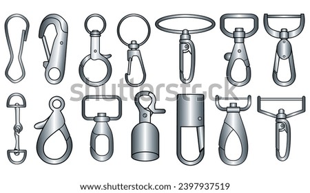 Claw clasps and carabiners flat sketch vector illustration set, different types of clasps, buckles and carabiners for jewellery, climbing equipment, garments dress fasteners, Clothing and Accessories