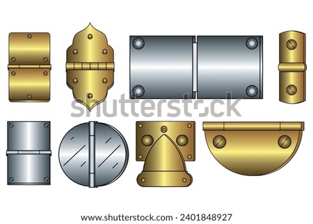 Hinge flat sketch vector illustration, set of Jewellery box hinges small box,  bag, purse and handbag closures buckles cad drawing template 