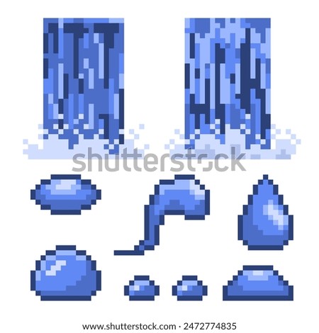 Waterfall, water drops, splashes of pixel art. A set of liquid elements. Vector illustration