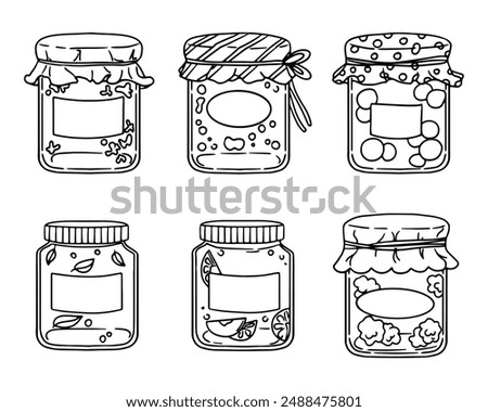 Set of jam jars. Sweet jam coloring page. Preservation of fruits. Vector illustration