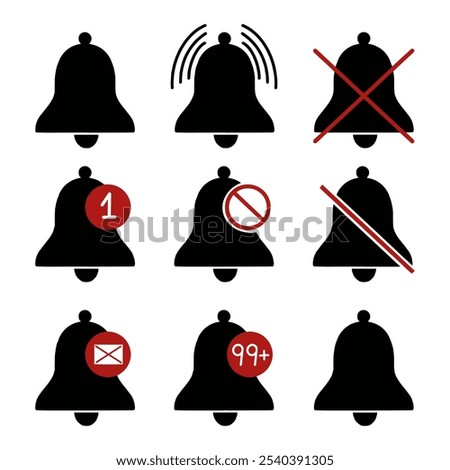 Vector set of bell for notifications. New message, access time, incoming message. Notification icons.