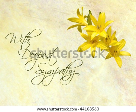 Sympathy card featuring pretty day lilies on a yellow marbled background.