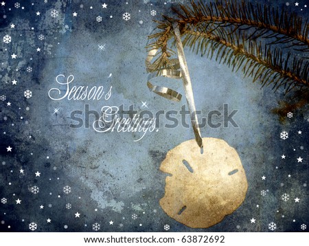 Christmas card design featuring a beautiful sand dollar hanging from a pine branch with whimsical designs. Grunge textured.