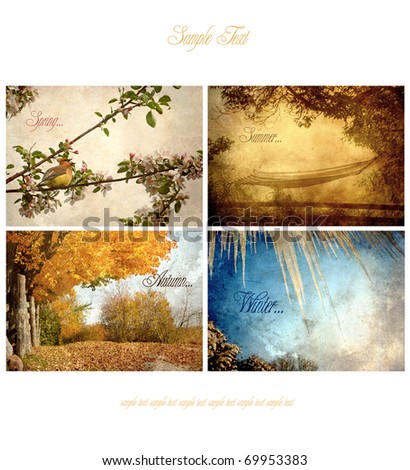 Seasons collage (with text) and copy space. Grunge textured.