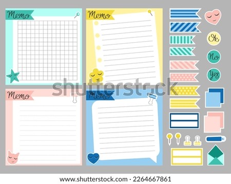 Set of template notes. Memos and stickers. Cute paper memo template. Notes, memo and to do lists used in a diary, home or office.