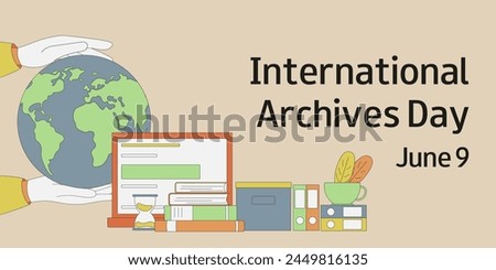 International Archives Day. June 9. Illustration of vector folders with documents, stack of books, computer and world map. Horizontal banner, card, poster, flyer.