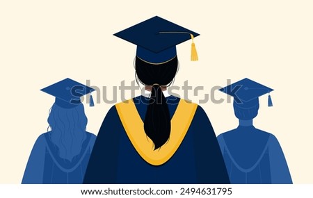 Close up back view illustration of female student and graduates silhouette. Graduation persons wearing a cap and gown. College or university ceremony. 