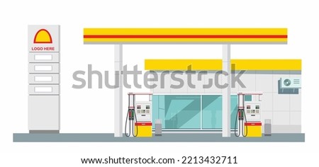 Icon petrol station store art modern element map road sign symbol logo famous identity city style shop urban 3d flat building street isolated yellow red background design vector template illustration