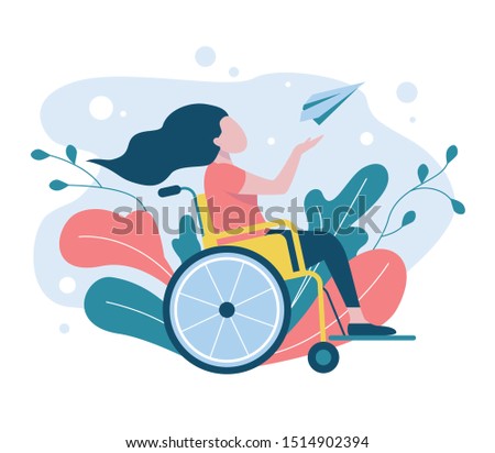 A girl in a wheelchair launches a paper airplane. The concept of a person with disabilities enjoys life. Symbol of opportunities and prospects. Flat vector illustration.