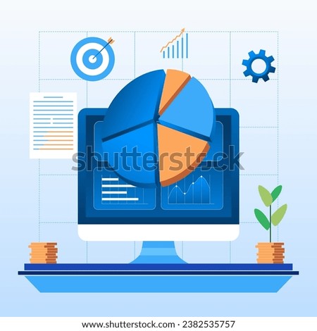 Blue business pie chart and computer monitor vector illustration. computer, pie chart, cog, target icon.