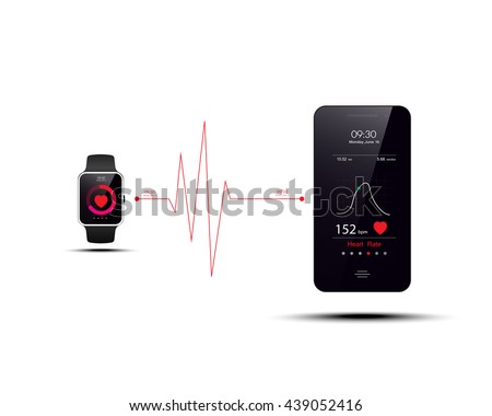 Smart watch transfer Heart rate data to smartphone,smart watch and smartphone synchronization,smartphone vector illustration
 