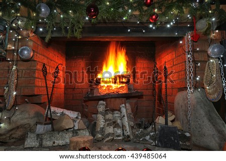 Close-Up Decorated Christmas Fireplace With Lights At Night Stock Photo 439485064 : Shutterstock