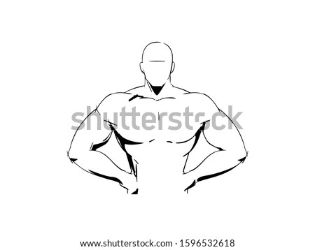 Silhouette of a strong athletic muscular athlete. Line Drawing Male figure for Gym Logo. Sports man. Bodybuilder standing with hands on hips. Wrestler body torso. Fitness and health icon Vector sketch