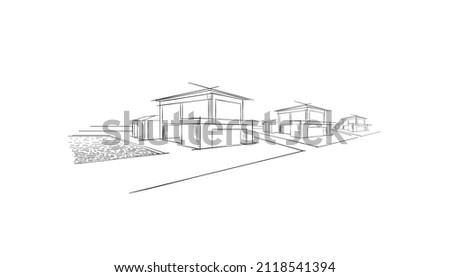 Houses in a row. Beach house Real estate rental logo. Banner Luxury villas. Homes with swimming pool for weekend and holidays. Modern architecture Vacation building sketch, hand drawn vector