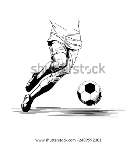 Sporty man in a club uniform plays football. The football player's legs hit the ball. Hand drawn vector sketch. Soccer player Black and white silhouette. Lower body in motion, legs running