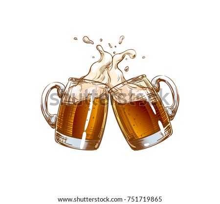Two Mugs of Beer clink at a toast with a splash of beer foam. Illustration for design menu restaurants, pubs, bars, posters for the Oktoberfest, craft brewing, banners. Color isolated Vector sketch