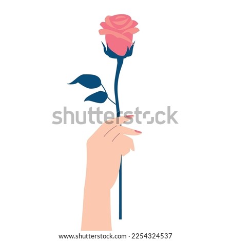 A hand holding a rose, romantic gift for a date, birthday or women's day, vector illustration