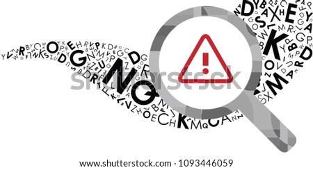 vector illustration of flow of letters with magnifier and attention mark for error or mistake in grammar or program concept