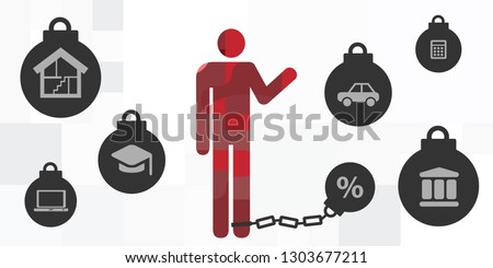 vector illustration of man with ball and chain and bank credits and debts symbols