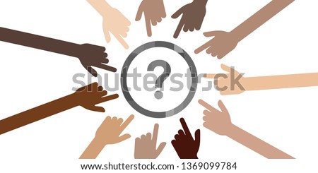 vector illustration of different skin color hands in circle shape and question mark for equality and human rights issues