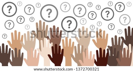 vector illustration of different skin raised in the air and question marks for equality tolerance and human rights problems