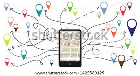 vector illustration of cell phone and navigation symbols for mobile apps and maps routes and directions