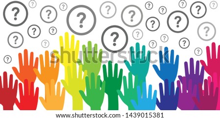 vector illustration of colorful rainbow hands raised in the air and question marks for equality tolerance and human rights problems