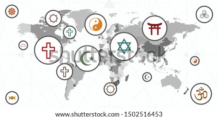 vector illustration of world map and different religion symbol for spiritual journey and orientation visuals 