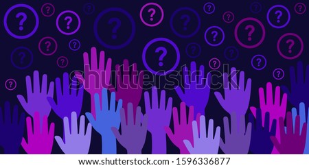 vector illustration of dark blue hands raised in the air and question marks for equality tolerance and human rights problems