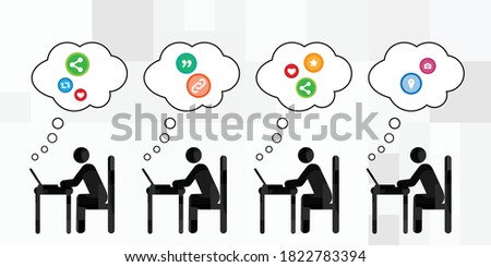 vector illustration of people working in office with social media sharing symbols