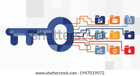 vector illustration of key symbol and folders for keywords search and logical connections 