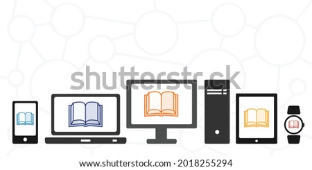 vector illustration of readable book and different electronic devices