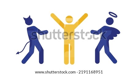 vector illustration of person with angel and demon from sides advising good and bad 