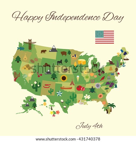 vector illustration / happy 4th of july greeting card / states symbols on the map of America
