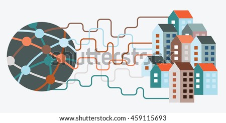 vector illustration of internet connection to many buildings with global network and wires to city