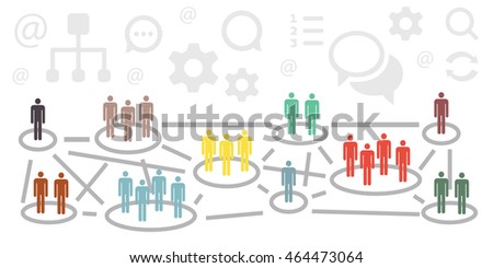 vector illustration of website horizontal  banner for international relationship concept with colorful groups of people connected and communication symbols above them