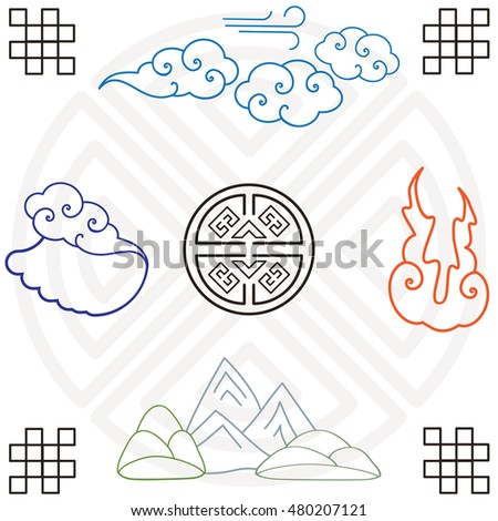 vector illustration with basic elements fire air earth and water in oriental asian tibetan art style with modern outline flat elements in square with four sides concept