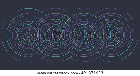 vector illustration of horizontal banner of blue concentric circles on dark background as waves on water or other physical effects for modern designs