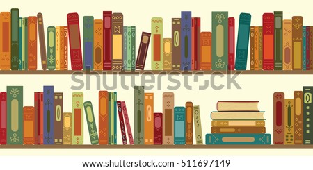 vector illustration of horizontal banner of bookshelves with retro style books for vintage bookstore background or wallpaper
