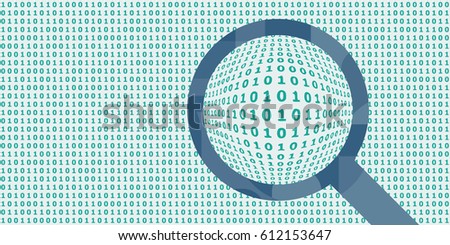 vector illustration of horizontal banner with binary computer code in blue colors with magnifier for data research concepts
