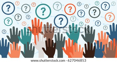 vector illustration with raised hands and question marks for consultancy and question sessions concepts 