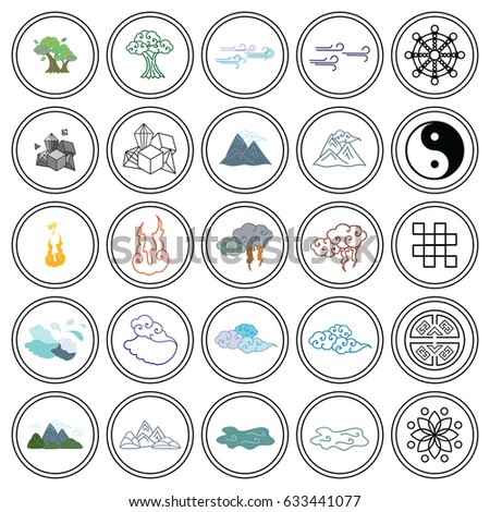 vector illustration of vector icons set of Buddhist symbols and nature elements in circles and in oriental art style