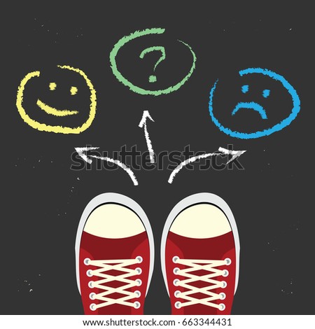 vector illustration for choice between sad and happy faces for psychological problem solving and stopping stress concepts