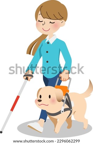 Blind woman walking with a cane and a guide dog