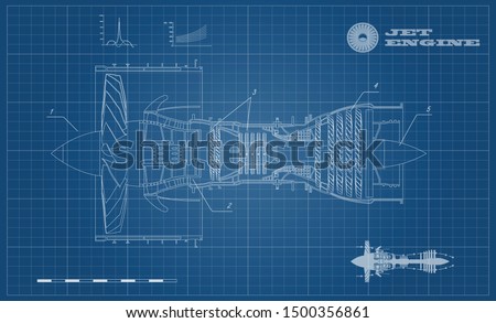 Jet engine of airplane in outline style. Industrial aerospase blueprint. Drawing of plane motor. Part of aircraft. Side view. Vector illustration