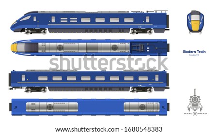 Isolated blueprint of blue modern train. Side, top and front views. Realistic 3d locomotive. Railway vehicle. Railroad pessenger transport. Vector illustration
