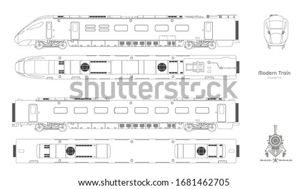 Outline blueprint of modern train. Side, top and front views. Isolated locomotive. Railway vehicle. Railroad pessenger transport. Vector illustration