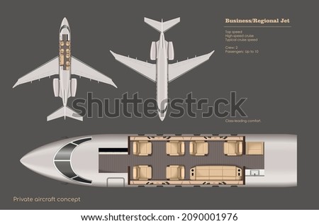 Business jet interior. Private aircraft map. Top view of regional plane. Plane seats scheme. 3d drawing of commercial transport. Realistic industrial blueprint. Vector illustration Foto stock © 